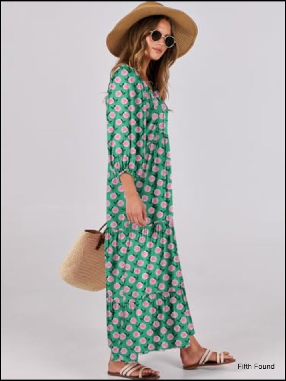 Women's Boho Maxi Dress V Neck Puff Sleeve Floral Flowy Tiered Swing Dress - Picture 3 of 7